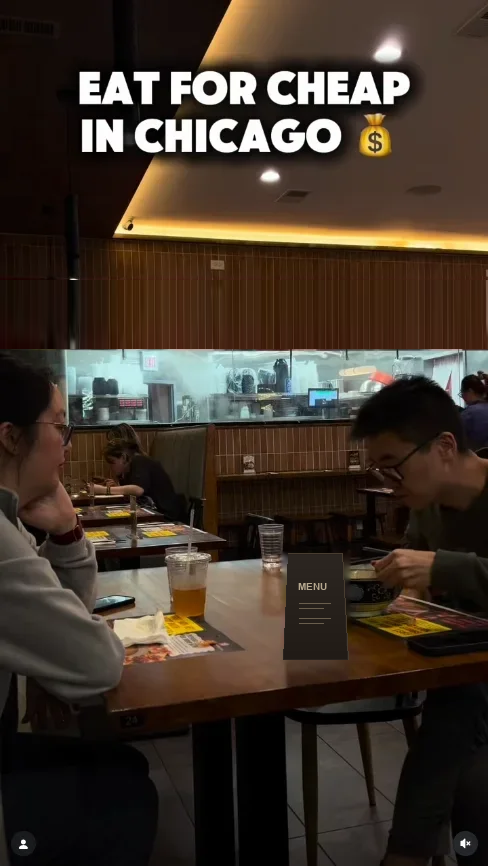 Creator video frame inside the Chicago location, captioned "Eat for cheap in Chicago"