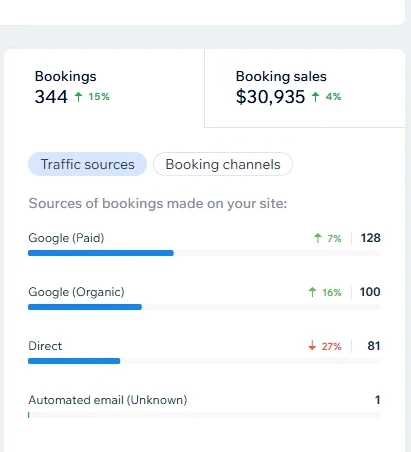 The studio's booking system: 344 bookings, with Google (Paid) 128, Google (Organic) 100 and Direct 81