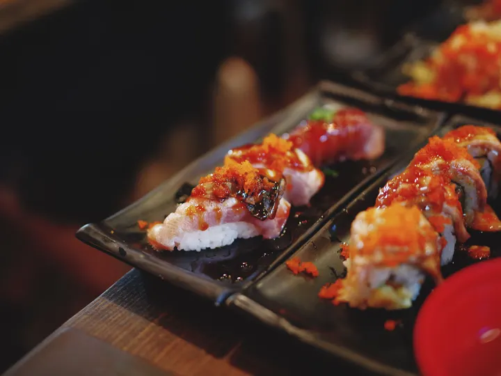 Plates of fresh sushi