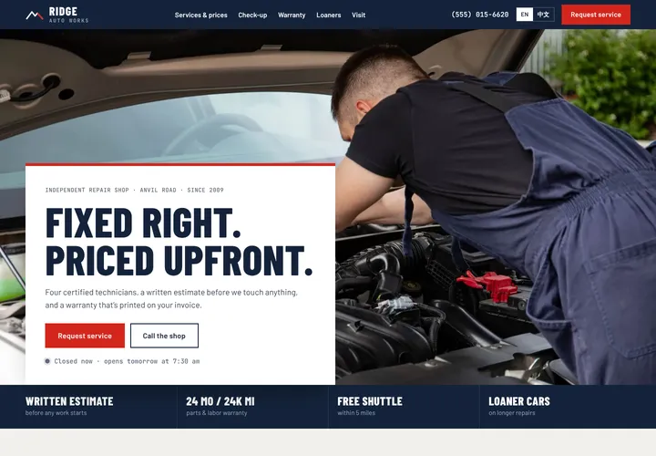 Ridge Auto Works demo website
