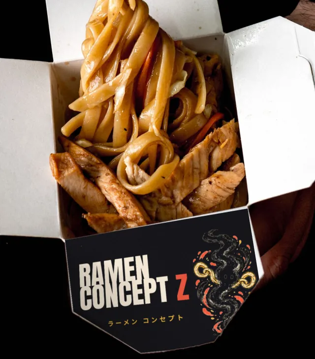 Noodle takeout box with a black printed flap