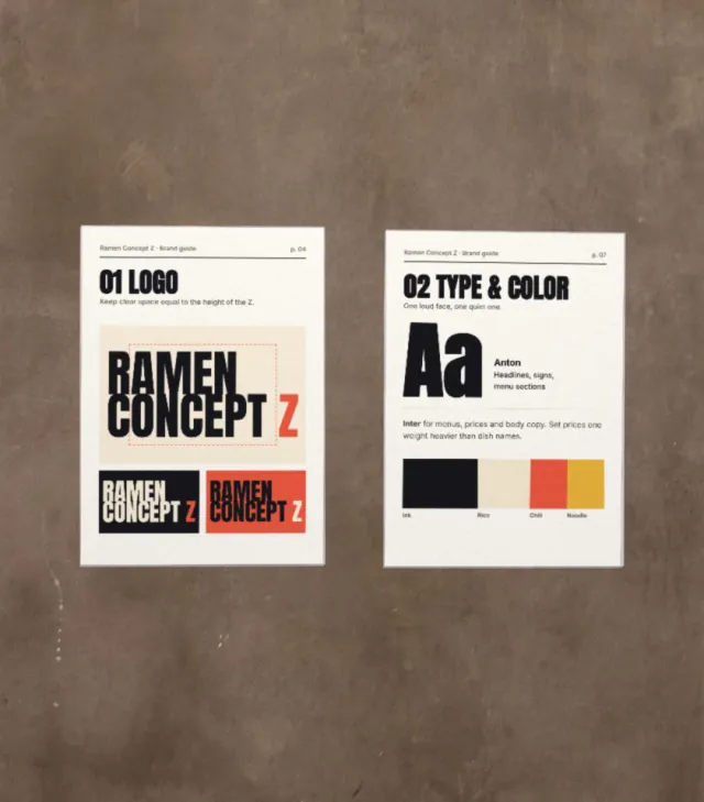 Two brand guide pages pinned to a wall: logo rules, type and color