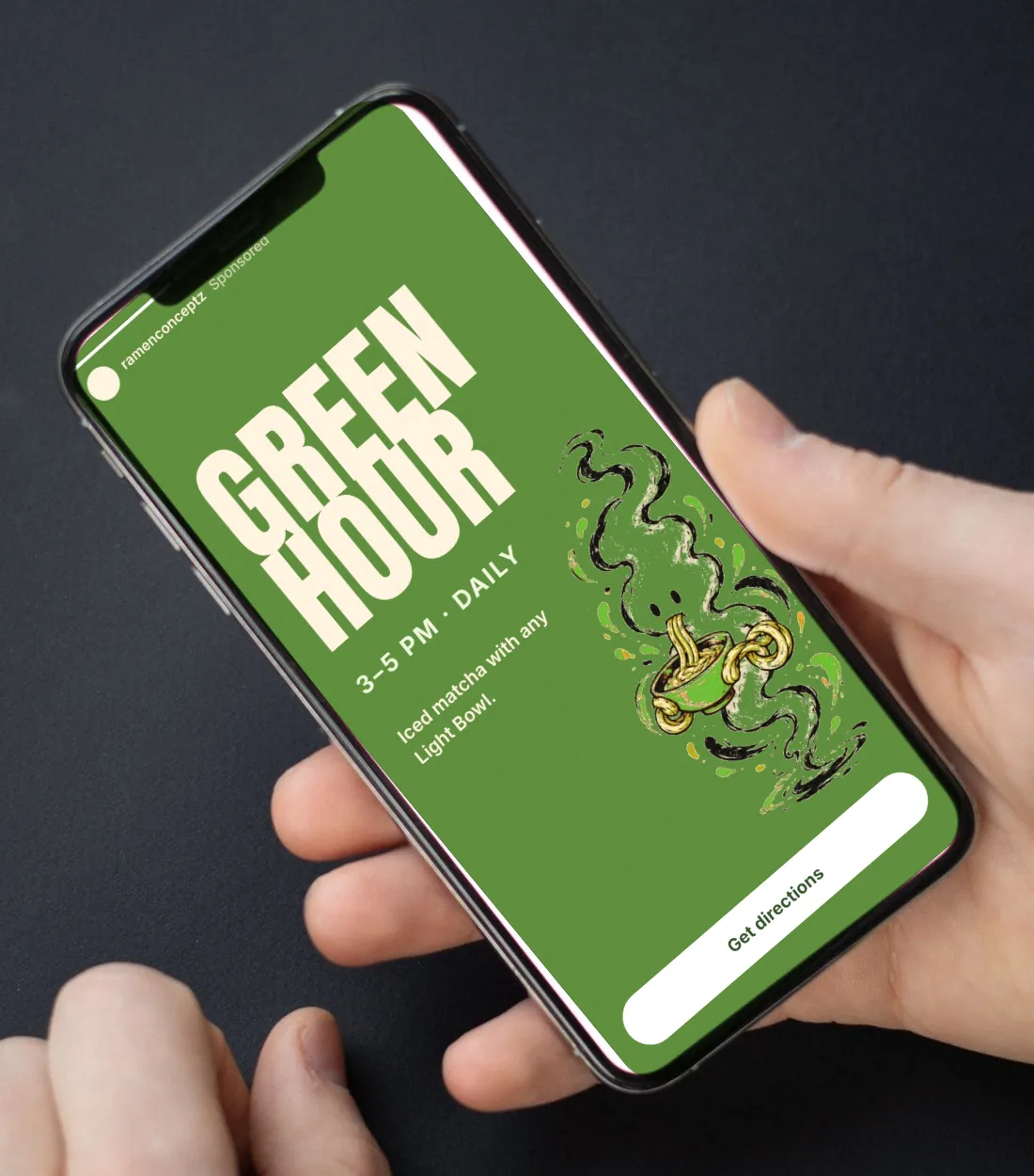 Phone showing a green Green Hour story ad