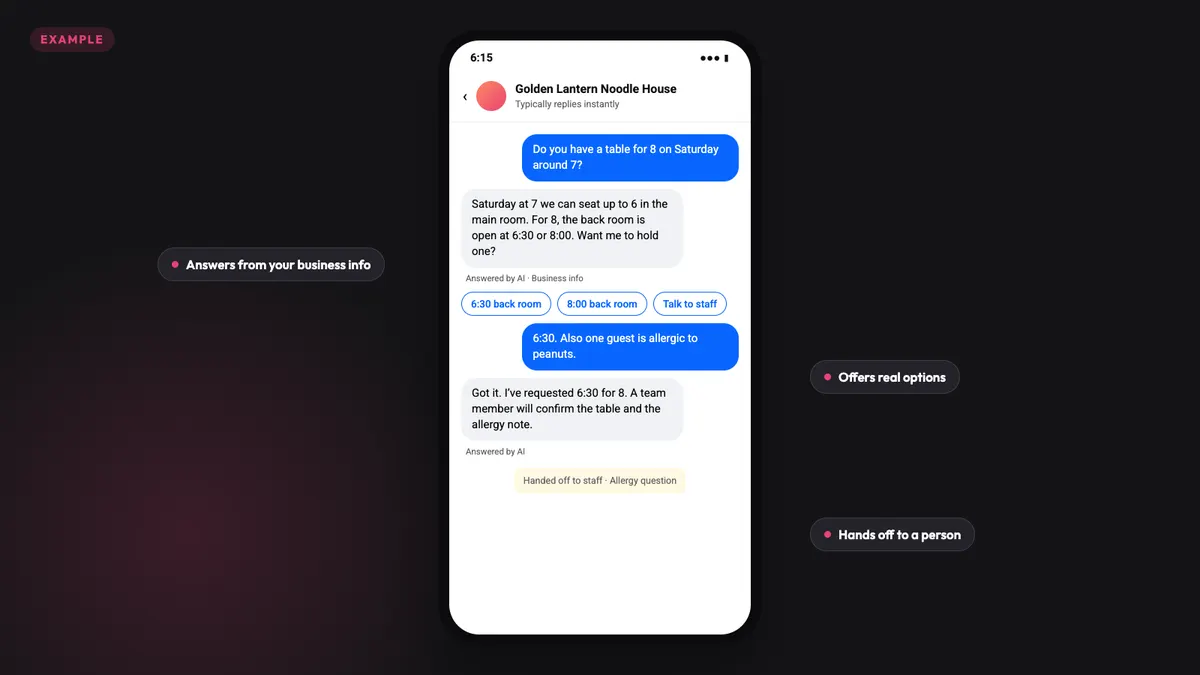 示例：商家聊天中 AI 提供可订时段，并把过敏问题转给员工