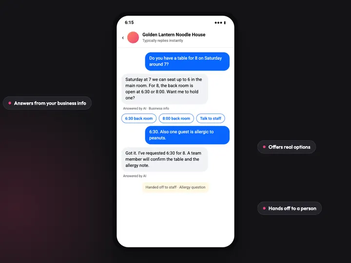 Example business chat where an AI agent offers table times and hands an allergy question to staff