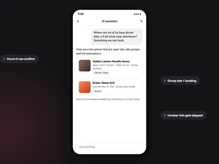 Example AI assistant answer recommending late-night places that take groups and bookings