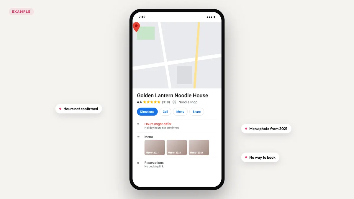 Example map listing with unconfirmed hours, a 2021 menu photo and no booking link